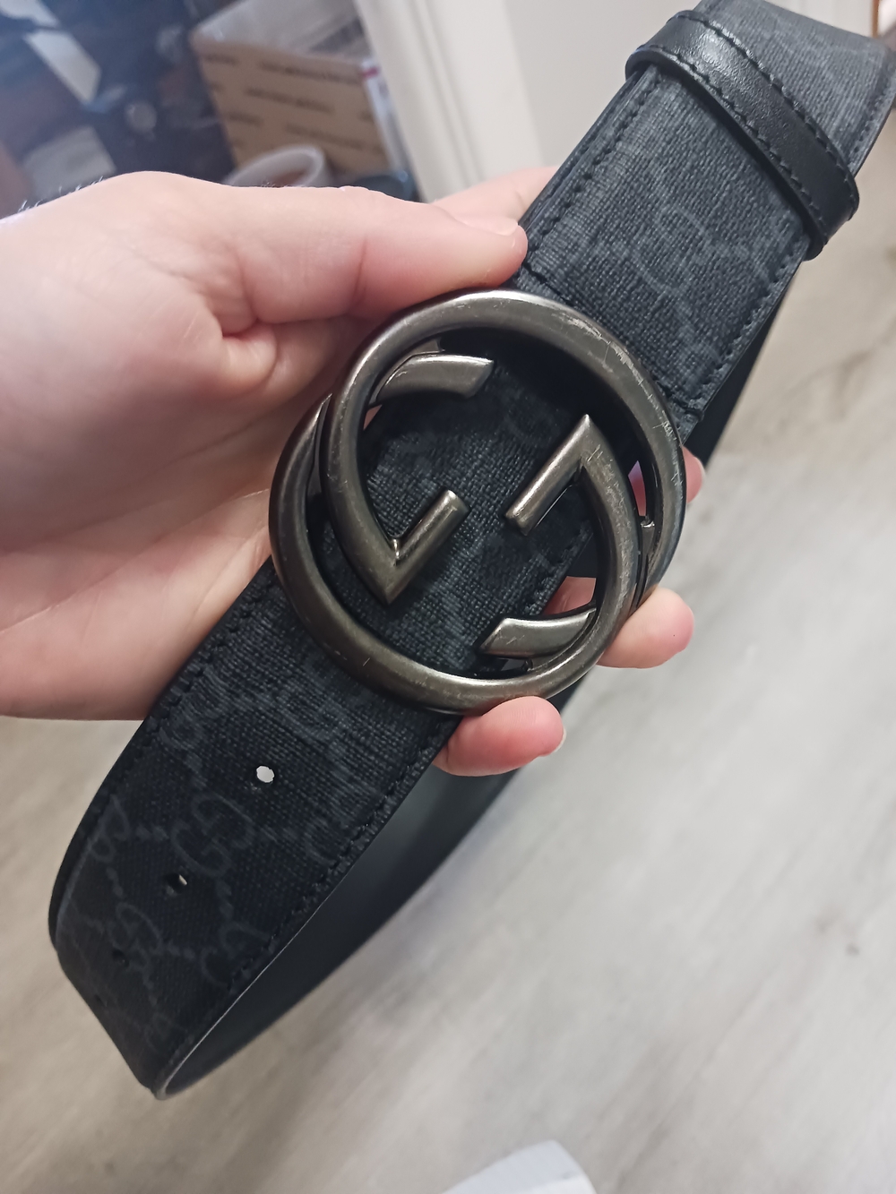 Gucci Interlocking G Buckle Belt in Black GG Supreme authentic size 90